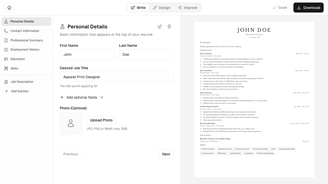 Back End Developer resume editor