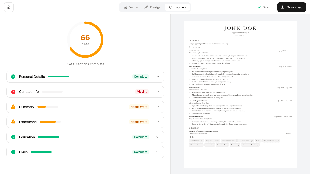 Back End Developer resume scoring